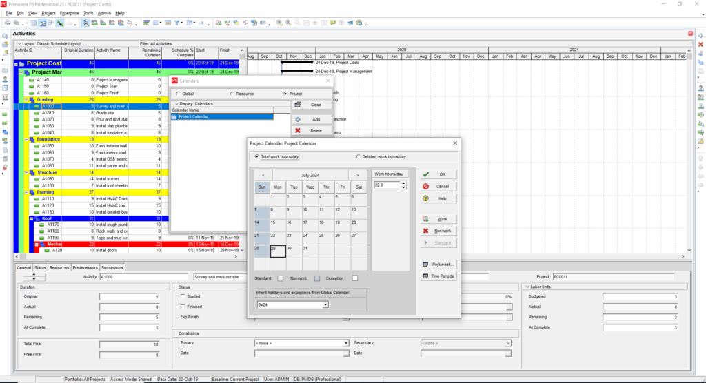 Project Calendar and Activity Codes