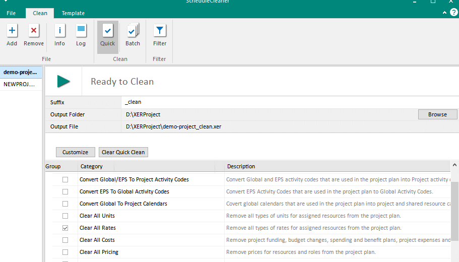 ScheduleCleaner Quick Clean screen listing the project data categories, with rates, costs and units selected for removal