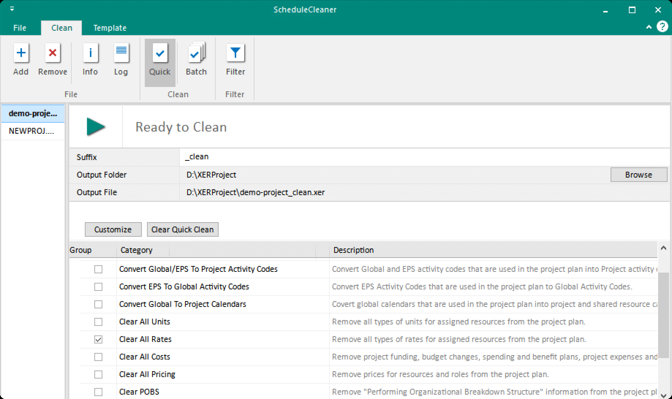 ScheduleCleaner Quick Clean screen with a demo project selected, a _clean suffix and output file, and Clear All Rates ticked in the list of data categories